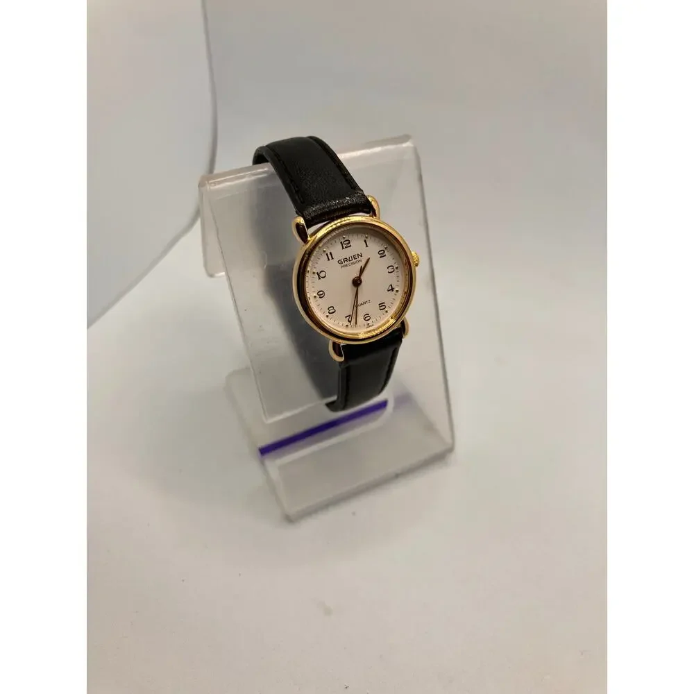 Women's Watch Lot‎ of (2) Gold Tone BLACK LEATHER Gruen Diamon Analog